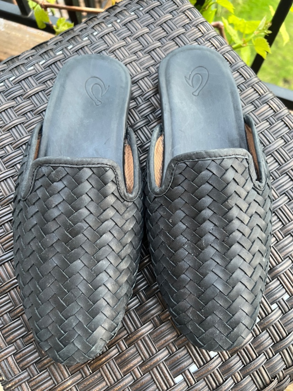 OluKai Black Woven Leather Slip-On Mules